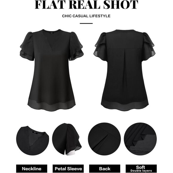 Women Chiffon Blouses Summer V Neck Petal Puff Sleeve Work Casual Top - Picture 5 of 5